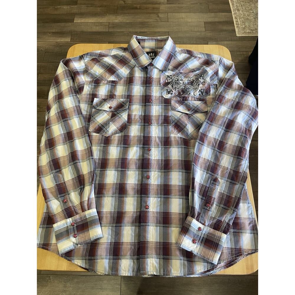 Muskoge Burgundy White Plaid Pearl Snap Long Roll Sleeve Shirt Western Cowboy XL